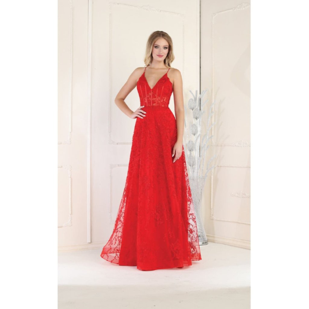 Red Evening Long V-Neck Spaghetti Straps A-Line Dress By May Qeen Mq1996